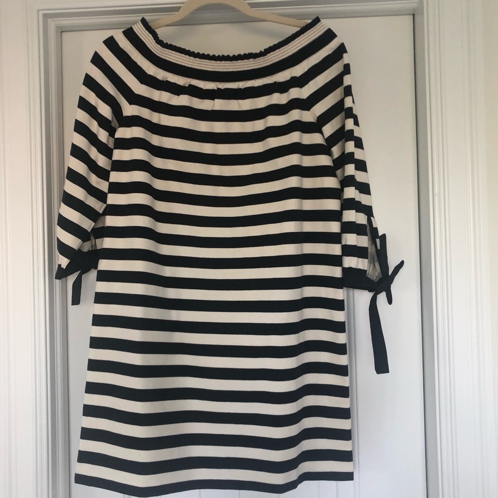J. Crew Navy blue and cream off the shoulder dress
